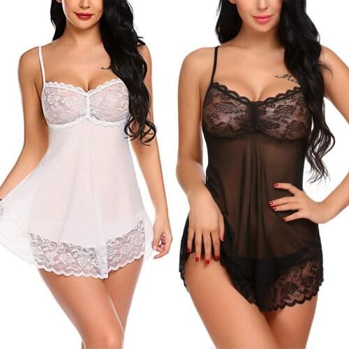 Hot Sexy Womens Sleepwear V Neck Floral Lace Lingerie Set Open Front Closure Mesh Sheer Nightgown Sexy See Through Sleepshirts