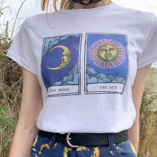 2021 Ins Hot Graphic T Shirts Women Sun and Moon Vintage White Tops New Goth Shirt Harajuku Teens Girls Fashion Tees Plus Size