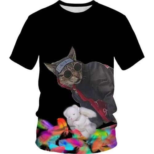Cat fashion summer 3D printing mens short-sleeved T-shirt hip-hop cute cat street clothes loose casual round neck
