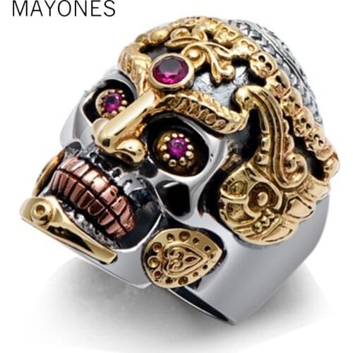 Punk Rock Domineering Skull Rings Set In Red Corundum Solid 925 Sterling Silver Ring for Men Vintage Thai Silver Jewelry