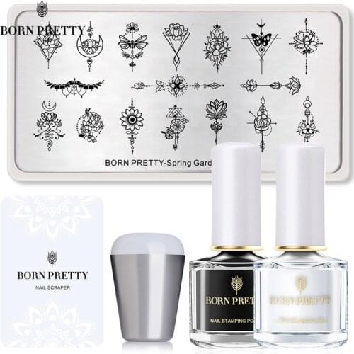 BORN PRTTY 5Pcs Nail Polish Set Stamp Polish with Stamping Plates Stamper Scraper Kit Nail Art White Black Nail Printing Varnish