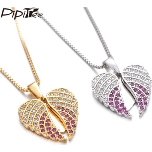 Pipitree Special Open Angel Wings Necklace with Heart Charm Contrast Color CZ Zircon Necklace Pendants for Women Costume Jewelry