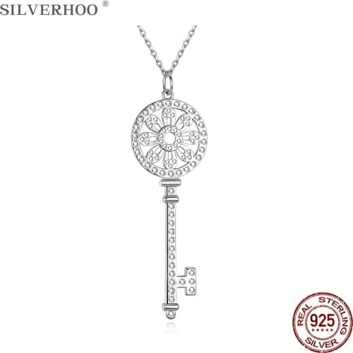 SILVERHOO 925 Sterling Silver Necklaces For Women Trendy Hollow Flower Cubic Zirconia Key Necklace Pendant Female Fine Jewelry