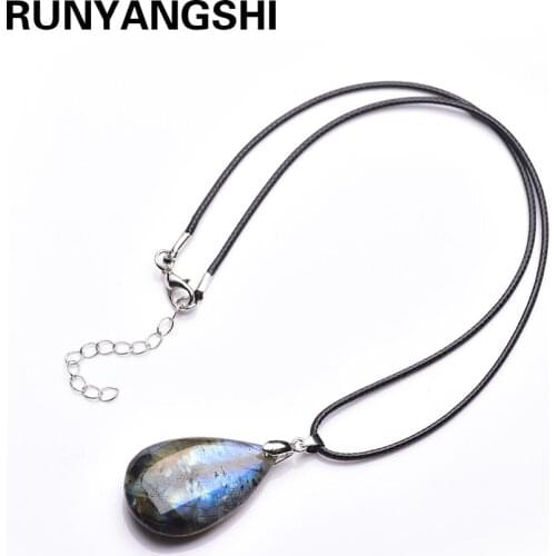 Runyangshi 1pc Natural crystal stone labrador feldspar Droplet shape pendant Moonlight stone leather rope necklace ornament