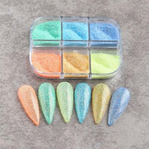 6 Grids Chrome Nail Powder Pearl Shell Holographic Nail Glitter Mirror Aurora Bubble Dipping Dust Nail Art Decoration