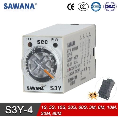 Timer Relay AC220V 380V 48V 36V 110V DC24V S3Y-4 60s Time Relay 14 pins Socket Base SPDT Self Resetting 60m 10s 10m Mini Relays
