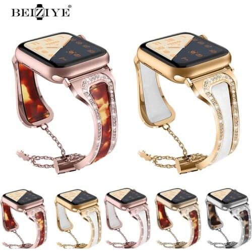 Women strap For Apple Watch band 40mm 44mm 38mm 42mm Diamond Resin Stainless steel bracelet band for iWatch series SE 1 2 3 4 5