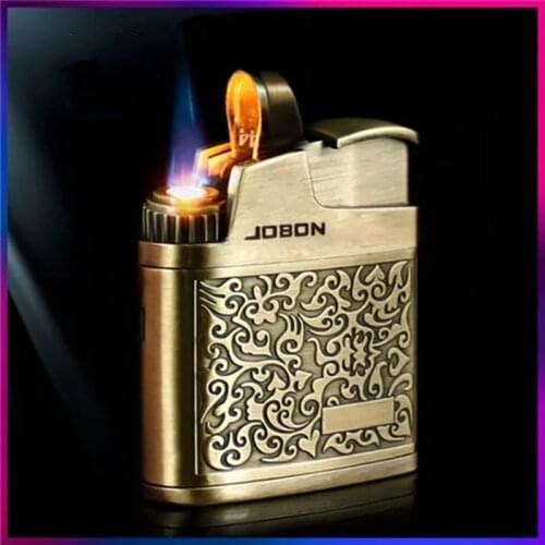 Jobon Retro Bronze Wind proof Inflatable Lighter Press Ignition Blue Flame Butane Gas Lighter Inflated Gadget Men Gift