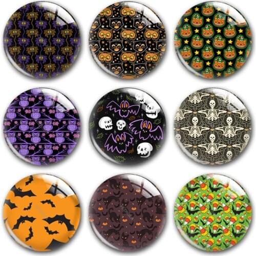 Handmade Happy Halloween Skull Bat Cat Spider Round Photo Glass Cabochons Demo Flat Back DIY Jewlery Making Findings Accessory