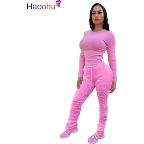 HAOOHU Sexy Two Piece Jumpsuit Bodycon Long Sleeve Top+stacked Leggings Set Winter Fall Clothing for Women Outfit Matching Sets