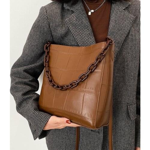 Luxury Acrylic Chain PU Leather Bucket Bag Crossbody Handbags and Purses 2021 Fashion Lady Small Shoulder Bag