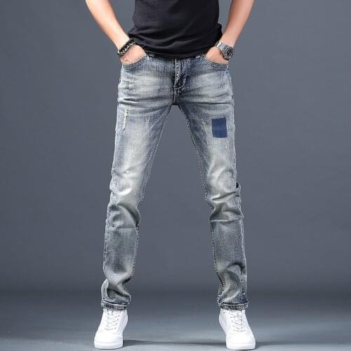 Light Blue Ripped Jeans Mens Cotton Regular Straight Denim Pants Streetwear Distressed Patch Jean Trousers