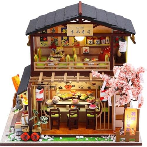 LED 3D Model DIY Handmade Building Japanese Sushi Restaurant Wooden House Furniture Miniature Assembly Children Dollhouse Gift