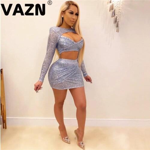 VAZN 2020 New Flaring Outspoken Sequined Hollow Out Sexy Club Elegant Solid Full Sleeve Mini Skirts Slim Women 2 Piece Set