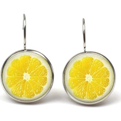Lemon Slice Earrings Cherry Red Stud Dangle Earring Fruits Jewelry Glass Cabochon drop Earrings Handmade Brincos Vintage
