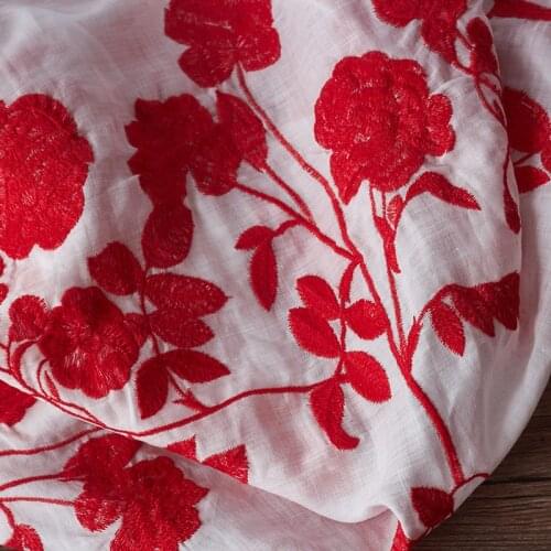Embroidery of Ramie patchwork Spring and Summer Red Dresses fabric for dress High-end customized clothing fabric