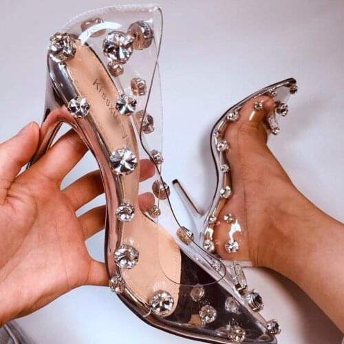 Womens Rivet Crystal High Heels Women Pointed Toe Thin Heels Woman Transparent Pumps Ladies Sexy Footwear Female Shoe Plus Size