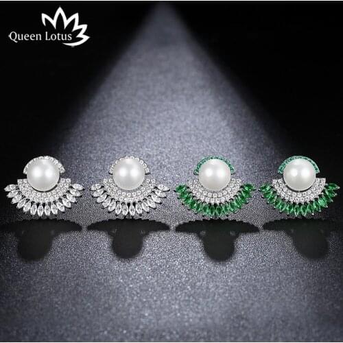 Queen Lotus New Arrival Women Pearl Earrings Feather Skirt Stud Earrings Vintage Ornamentation Sector Crystal Earrings for Party