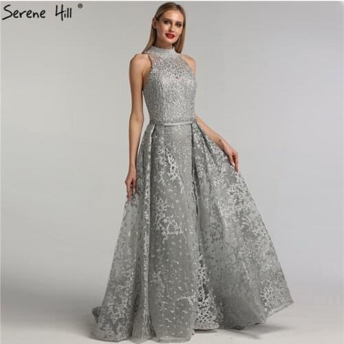 Grey Dubai Design Sleeveless Sexy Prom Dresses 2020 Embroidery Diamonds Mermaid Prom Gowns Real Photo BLA70014