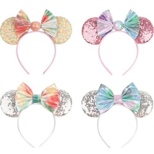 10pcs/lot 2021 New Candy Sequin Mouse Ears Hairband For Girls Sequin Bow Ears Headband Kids Birthday Party Hair Accessories