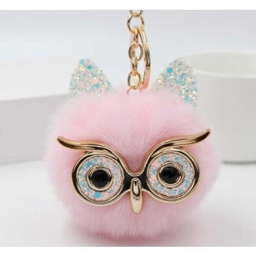 100pcs Lovely Sequin Ear Owl Keychains For Girls Boy Fluffy Fake Animal Fur Ball Pompon Key Chain Charm Women Bag Key Ring#36907
