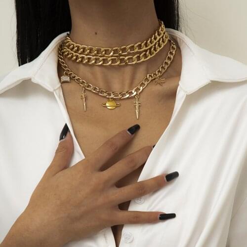2021 Vintage Simple Pendant Necklace for Women Geometric Thick Metal Clavicle Chain Necklace Set Fashion Hip Hop Female Necklace