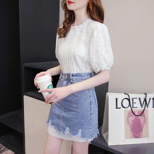 Women 2021 Summer 2 Pieces Skirts Suits Female Vintage Puff Sleeve Lace Blouse Shirts Tops +denim Mini Skirts Two Piece Set R262