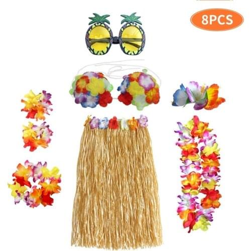 8 Pcs Thick Hawaiian Holiday Hula Skirt Garland Headband Glasses Bra Bracelet Fancy Dress Party Costume Props Set Children Adult