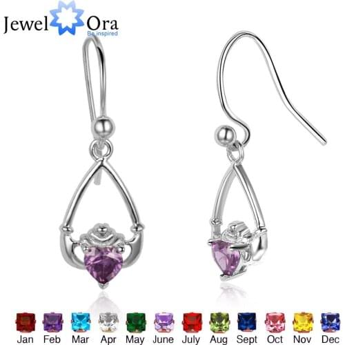 925 Sterling Sliver Claddagh Earrings Personalized Birthstone Drop Earrings Irish Friendship Jewelry Gift (JewelOra EA102004)