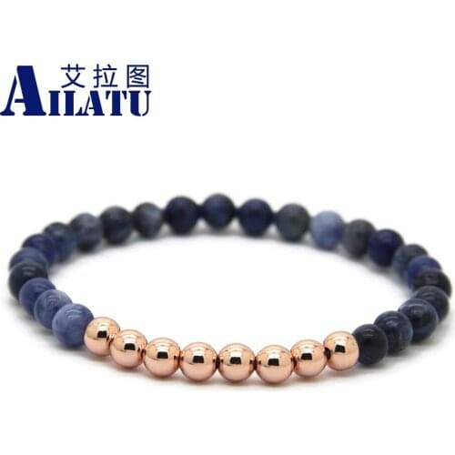 Ailatu Unisex Healing Balance Round Beads Jewelry 6mm Blue Veins Stone with Advanced Plated Bronze Beads Elastic Bracelet
