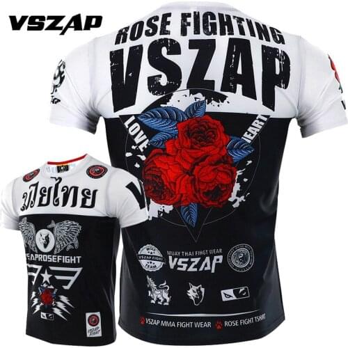 VSZAP Rose Short-sleeved Quick-drying Clothes Men Fitness Stretch T-shirt Muay Thai MMA Sports Fighting Fight Broadcast Tshirts