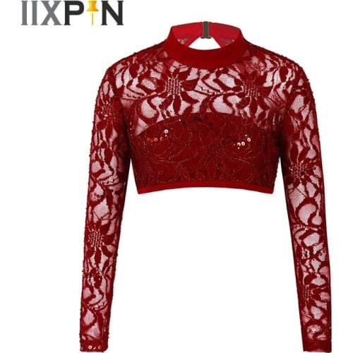 Kids Girls Ballet Crop Top See-through Embroidered Lace Sequins Dance Crop Top Jazz Dancing Stage Performance Long Sleeves Tops