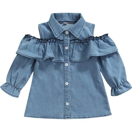2021 Kids Baby Girl Casual Denim Dress Fall Fashion Solid Color Cold Shoulder Long Sleeve Ruffles Single-breasted Dress 0-5Years