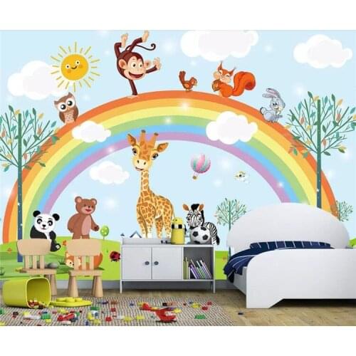 Mural wallpaper hand drawn cartoon animal rainbow children room background wall furniture decoration 3d wallpaper