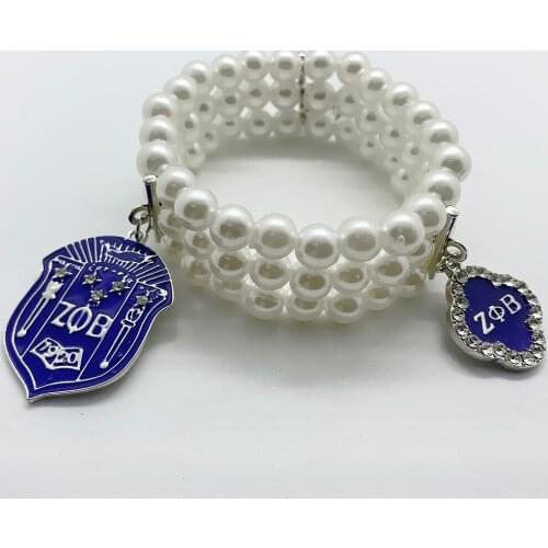 Exquisite handmade DIY artificial pearl sorority jewelry bracelet ZETA PHI BETA society symbolic enamel pendant beads bangle