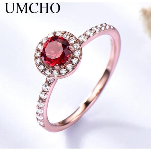 UMCHO Round Created Red Garnet Birthstone Rings Solid Real 925 Sterling Silver Rings For Women Engagement Gifts Fine Jewelry