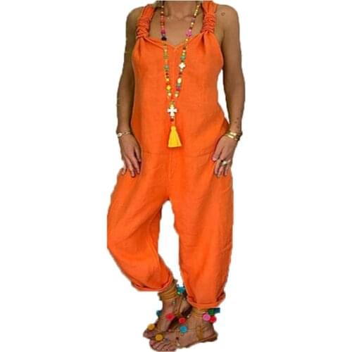 Summer Women Jumpsuits Solid Color Sleeveles Backless Knotted Jumpsuit Dungarees Floral Print Imitation Cotton Wide Leg Bodysuit