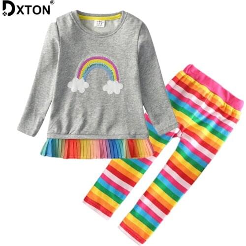 DXTON 2020 Childrens Clothing Suits Tops and Pants Winter Rainbow T-shirts with Cotton Leggings Girls Clothing Sets 2pcs 3-8Y