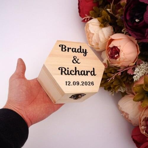 Hexagon Shape Box Custom Made Name Sticker Cover Party Gift Wood Boxes Wedding Candy Holder Display Decor