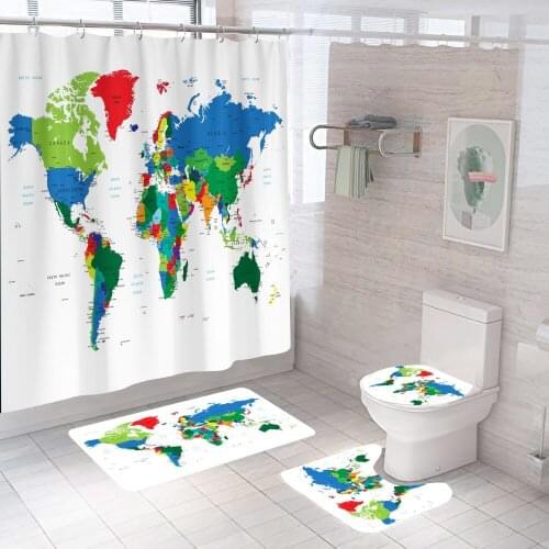 Colorful World Map Shower Curtain Funny Fashion With Non Slip Rug Mat Bathroom Curtain Waterproof Polyester Home Decor 180x180
