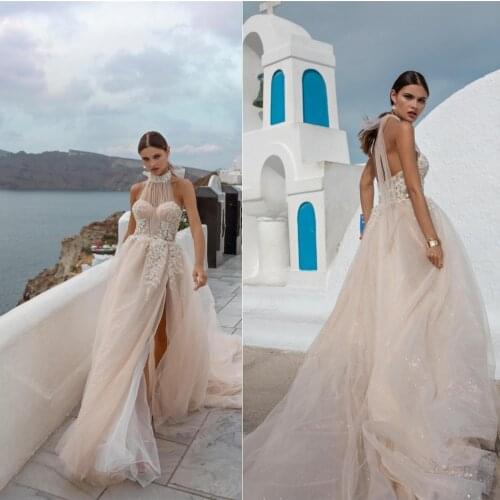 2020 Lace Wedding Dresses Halter Neck Appliques Beads Bridal Gowns High Side Split Backless Sweep Train A Line Wedding Dress