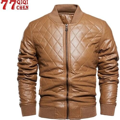 PU Leather Jacket Men Winter fleece Tactical Casual Rhombus Leahter jacket Male Stand Collar Windbreaker chaqueta hombre