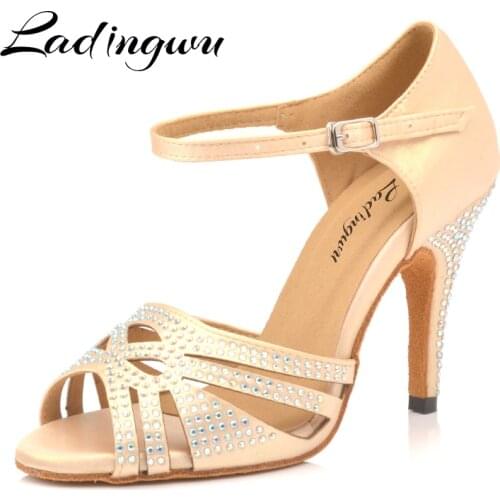 Ladingwu Hot Apricot And Silver satin Womens Latin dance shoes Ballroom dance shoes Party Square dance shoes soft heels 10cm