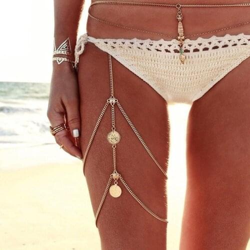 Fashion Beach Party Body Accessories Layered Body Chain Silver Coin Leg Chain Bikini Women Jewelry