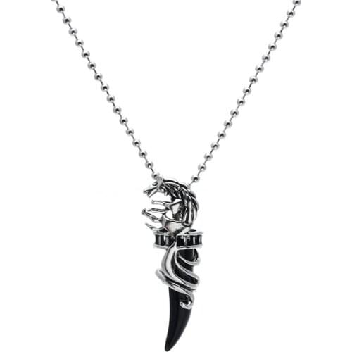 Men Choker Stainless Steel Black Crystal Wolf fang Pendant Necklace