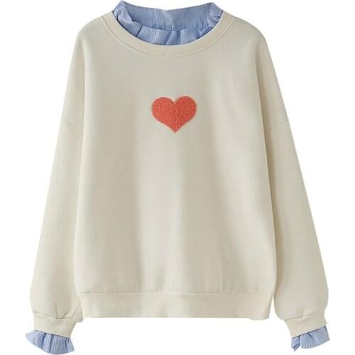 Merry Pretty New Winter Women Preppy Style Sweatshirts Flare Sleeve False 2 pieces Patchwork Pullovers Heart Embroidery Outwears
