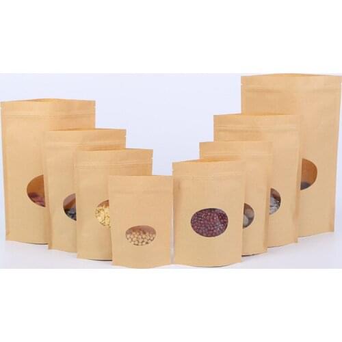 500Pcs Kraft Paper Bags Stand-up Reusable Sealing Food Zip Lock Pouches With Ellipse Window And Tear Notch For Storing Cookie