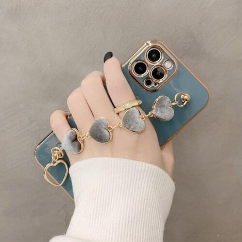Luxury 6D Plating Fur Love Heart Wrist Chain Case For iPhone 12 Pro Max Mini 11 Pro Max XS XR 7 8 Plus SE 2020 Bracelet Cover