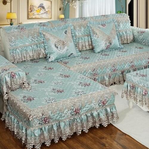 Luxury Cotton Linen Sofa Cover Blue Jacquard Embroidery Sofa Towel Thick Non-slip Cushion Pillow Case Exquisite Lace Sofa Set A1