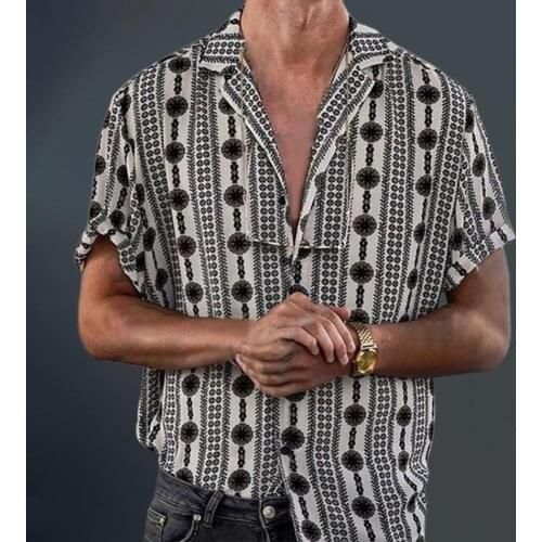 2021 Summer New Casual Men Blouse Vintage Ethnic Short Sleeve Shirt Dot Print Turn-down Collar Loose Male Shirt for Going Out